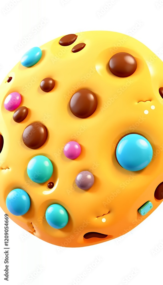 Poster a whimsical 3d rendering of a round, colorful cookie studded with chocolate chips and candy pieces, 