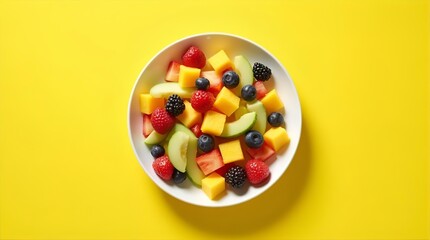 Vibrant Fruit Salad Medley: A Top-View Delightful Composition of Strawberries, Blueberries, Blackberries, Mango and Honeydew, Bright Yellow Backdrop, Flat Lay, Minimalistic