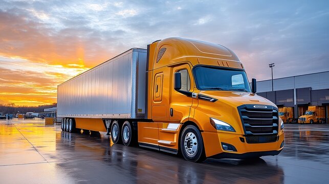A fleet of sleek electric cars, semi-trucks, and delivery vans parked at a row of fast-charging stations in a bustling logistics hub
