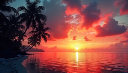 Obraz premium Silhouette palm trees at tropical sunrise sunset. Calm ocean water. Beautiful sky with warm colors. Sunrise sunset over ocean with silhouette palm trees. Tropical paradise scenery. Calm sea beach.