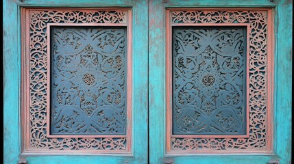 Intricate Carved Wooden Panels on Teal Door