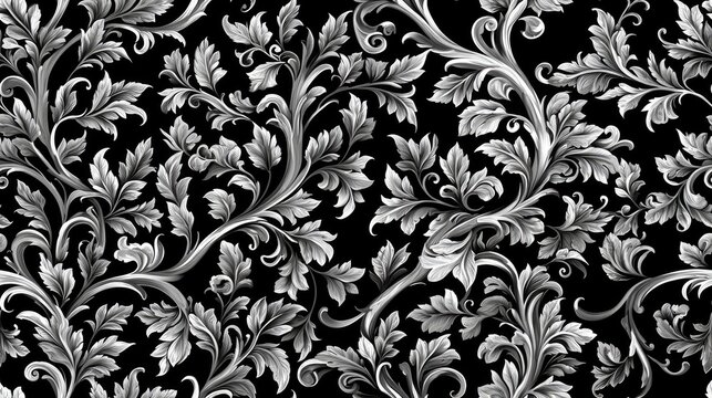 Elegant Silver and Black Baroque Floral Damask Seamless Pattern Design