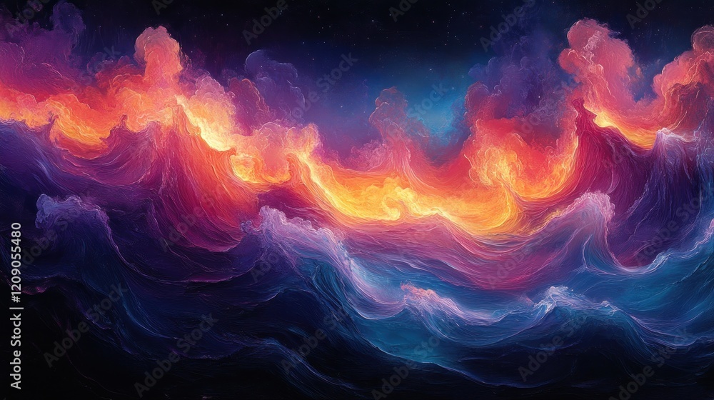 Poster vibrant abstract landscape of flowing waves in neon colors with surrealistic light and dynamic compo