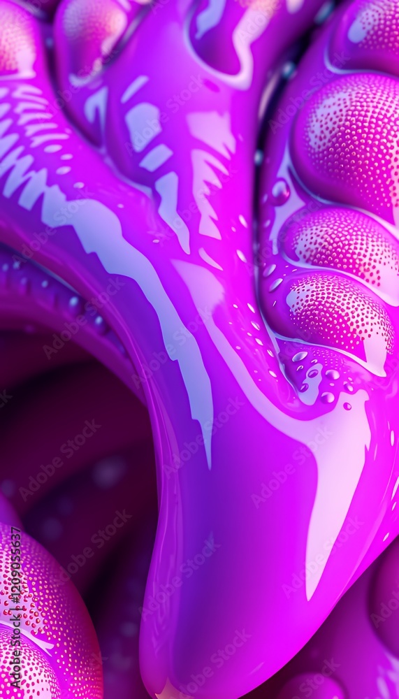 Poster abstract purple fluid 3d render with glossy bubbles and dynamic shapes