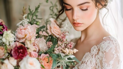Obraz premium Bride with Delicate Makeup and a Bouquet of Pink Flowers