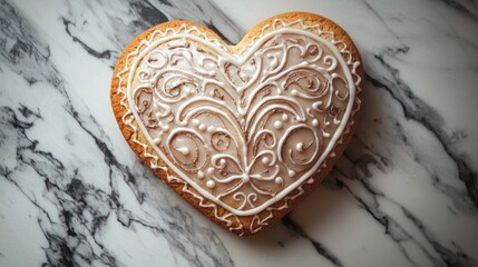 A heart-shaped cookie decorated with intricate icing patterns, placed on a chic marble surface.
