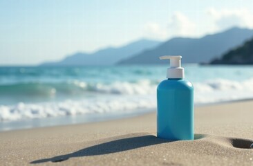 A bottle of cream without text on white sand against the background of the sea. Seascape. An advertisement for a cream. A jar without text . Copy Space