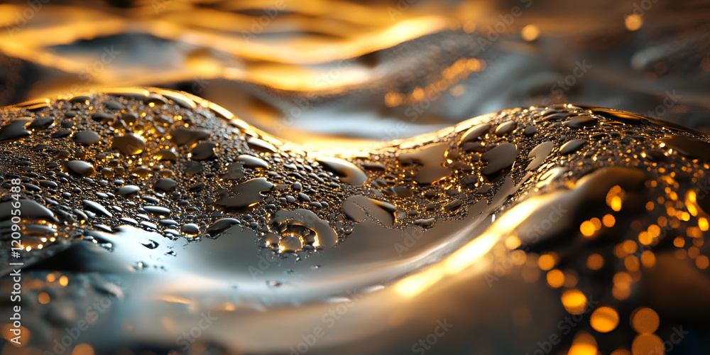 Poster Liquid Gold: A mesmerizing abstract macro shot captures the interplay of light and water droplets, creating a mesmerizing tapestry of shimmering gold and silver.