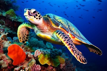 Fototapeta premium Stunning Image of a Green Sea Turtle Swimming in a Colorful Coral Reef