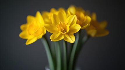 Obraz premium A vibrant arrangement of yellow flowers in a vase, elegantly placed on a table, set against a subtle gray background.
