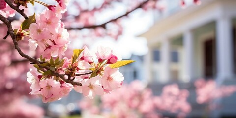 Obraz premium Pink Flowering Tree Branch in Full Bloom blurred house in background