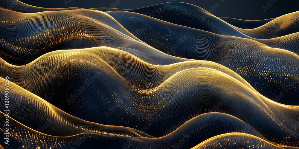 Poster golden waves of data: abstract visualization of flowing data, represented by shimmering golden waves