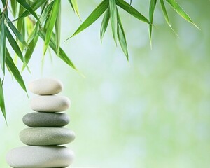 Obraz premium Zen stone stack with bamboo leaves, tranquil zen stone balance, calming zen garden with bamboo backdrop