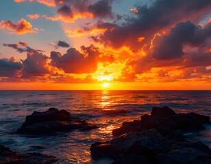 Fiery Ocean Sunset Landscape Rocks Seascape Photo