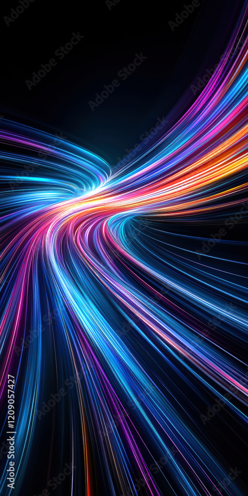 Poster a vibrant composition of flowing light trails in vivid colors against a dark background, creating an
