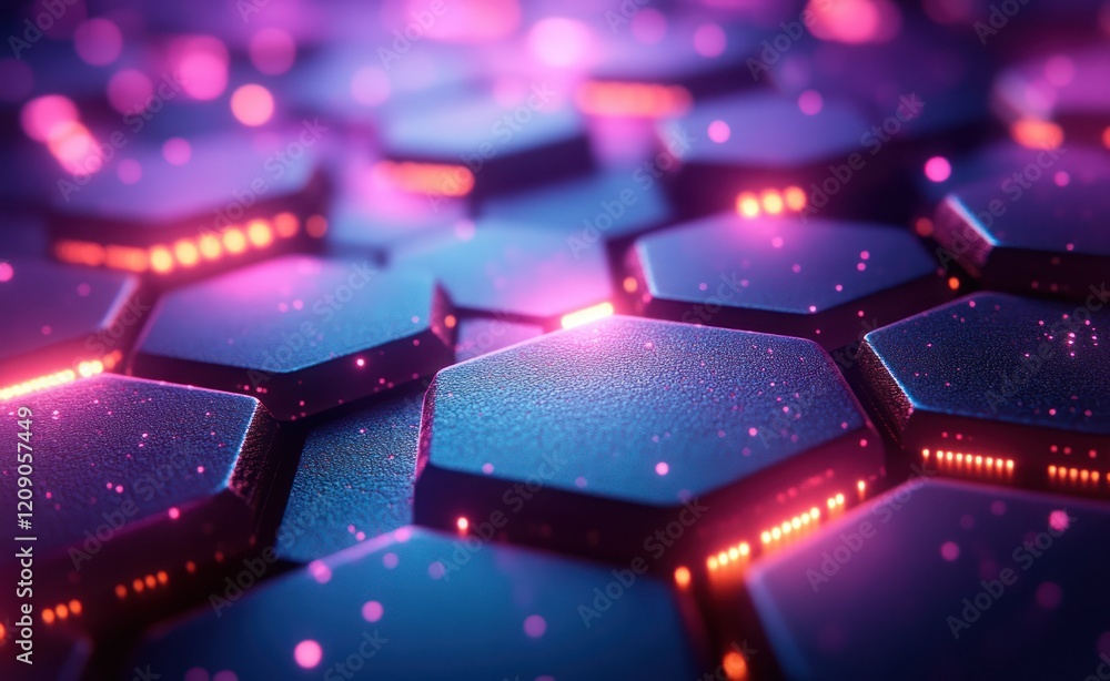 Poster futuristic hexagonal structure with neon glow in cyber space