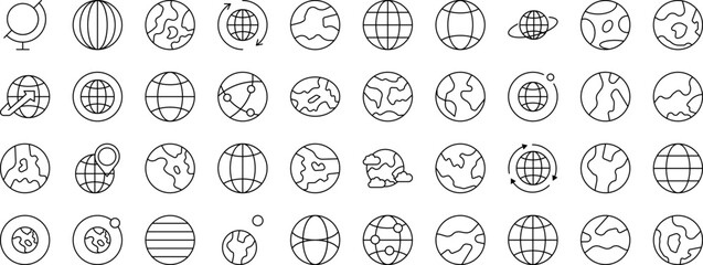 Set of Globe and Planet Related Line Icons. Outline Signs for Graphic and Web Design, Apps, Adverts, Various Cards