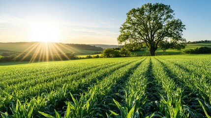 Obraz premium A vast cornfield stretches under a clear sky, featuring a solitary tree standing gracefully in the distance, embodying nature's tranquility.