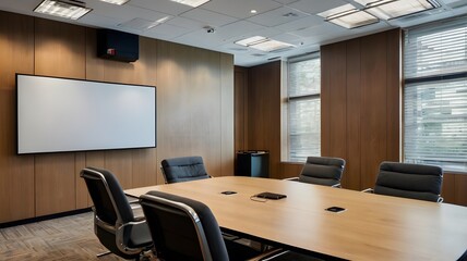 Modern Conference Room with Wooden Paneling, Large Screen, and Comfortable Chairs for Professional Meetings