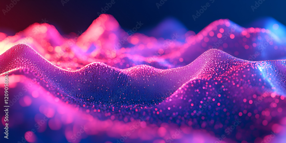 Poster abstract data landscape: vibrant, glowing particles form undulating waves, creating a mesmerizing ab