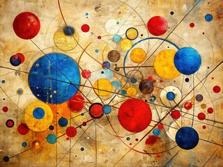 Abstract Geometric Art: Red, Yellow, Blue Circles, Lines & Splatters on Beige