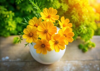 Aerial View: Spring Garden Minimalist Aesthetic - Bright Yellow Cosmos in White Vase