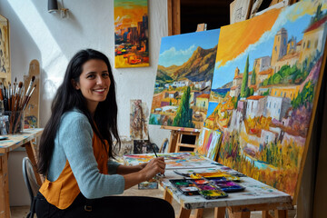 Fototapeta premium Female artist painting a picture on canvas in her studio. Smiling and looking at camera.