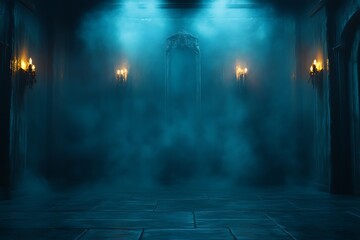 Mysterious dark castle hallway with fog and candles.