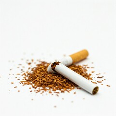 white broken cigarette with tobacco on white background close up studio shot