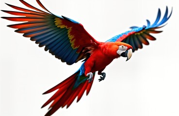 Colorful red winged macaw flies freely against transparent background. Bright red, blue feathers visible. Bird in mid-flight. Vivid image evokes nature, tropical locations. Beautiful bird. Isolated