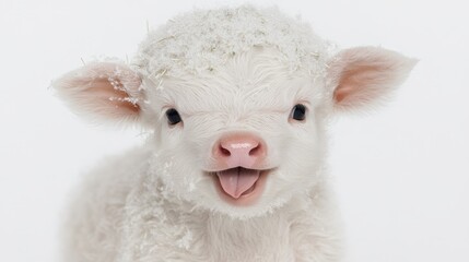 Fototapeta premium A white cow with a pink nose stands out against a plain white background, showcasing its unique features and gentle expression.