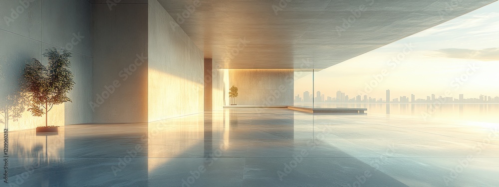 Poster minimalist futuristic interior design with angular walls and soft lighting