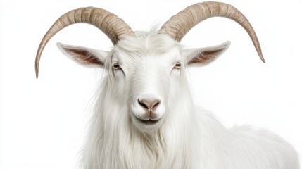 Fototapeta premium A goat with long horns stands prominently against a clean white background, showcasing its distinctive features and natural beauty.