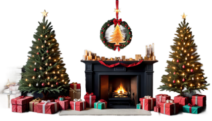 tree glowing interior dark fireplace gifts christmas magic holiday decoration room gift home evening celebration living night december background winter