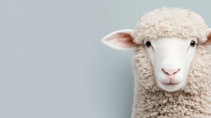 Fototapeta premium A standing sheep is set against a vivid blue background, creating a striking contrast that highlights the animal's features and textures.