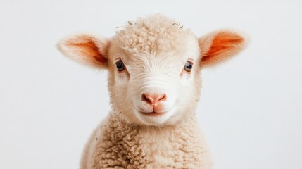 Fototapeta premium A curious sheep gazes directly at the camera, showcasing its woolly texture and gentle demeanor in a serene outdoor setting.