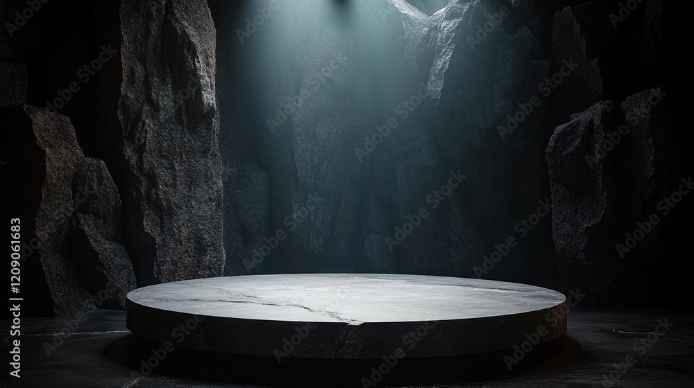 Poster minimalistic dark cavern stage set with circular platform for product showcase and display
