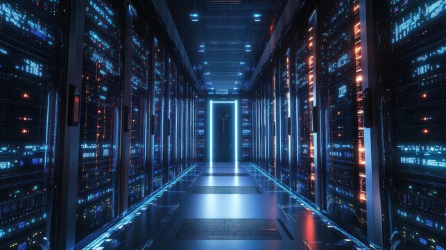 Futuristic Data Center Corridor with Server Racks and Blue LED Lights Displaying Data Processing Visuals - Powered by Adobe
