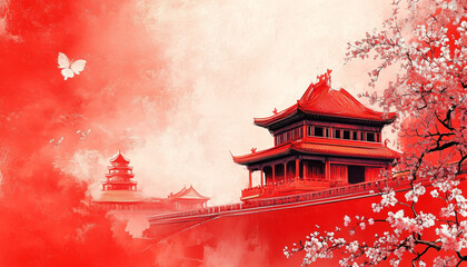 Celebrating Chinese National Day with Red and Gold Decorations in Traditional Style