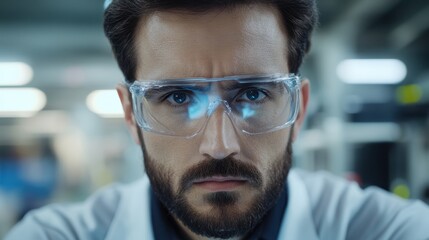 Obraz premium A focused man in safety glasses, lab coat, and tie, exemplifying professionalism and dedication in a laboratory environment.