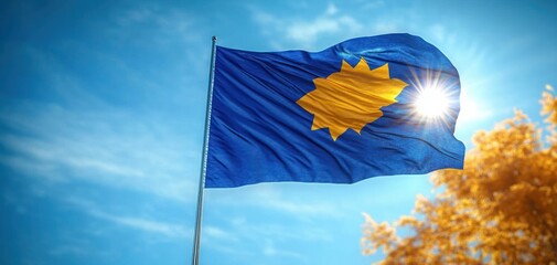 Kosovo National Flag Waving in Wind with Sunlight and Clear Blue Sky