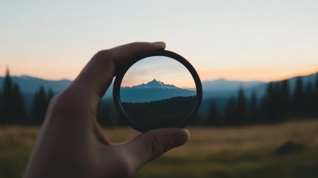 Hand holding lens, framing mountain sunset view.