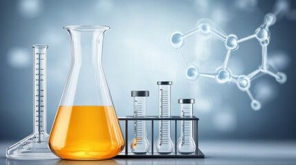 Naklejka premium A clear beaker containing colorful liquid sits beside a slender test tube, highlighting laboratory equipment used in scientific experiments.