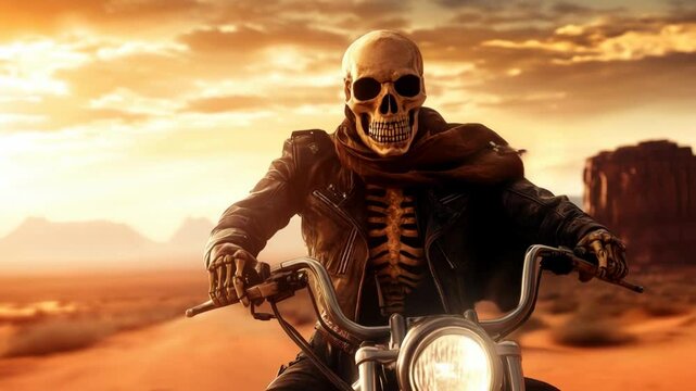 A skeleton rider on a motorcycle against a sunset backdrop in a desert landscape.