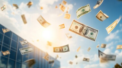 Dollar Bills Flying Through the Air with a Bright Sky and Sunlight Casting a Warm Glow Over a Modern Urban Scene in the Background