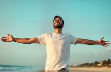 Man stands on beach with arms outstretched enjoying fresh air. Looks up at sunny sky. Wears casual clothes. Expresses freedom, relaxation. Perfect sunny day. Appears happy, carefree. Standing on sand