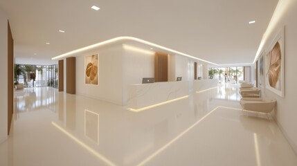 A spacious reception area features a long white desk and an elegant painting adorning the wall, creating a professional and inviting atmosphere.