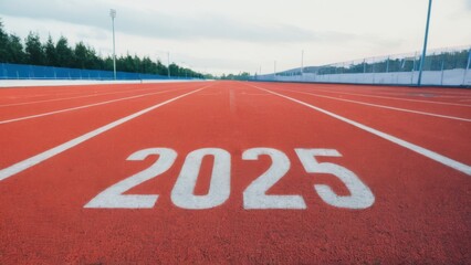 Red running track with 2025 number surrounded by blue fence, under cloudy sky with floodlights, evoking anticipation for new year.