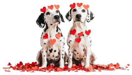PNG Twos dalmatians with many red paper hearts on their body and heads white photo love.
