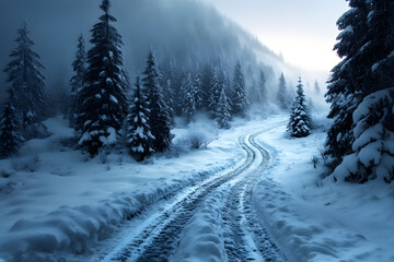 Verschneite Waldstra&szlig;e mit tiefen Reifenspuren, umgeben von nebelverhangenen Tannen  
